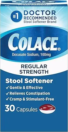 Colace Regular Strength Stool Softener for Gentle Effective Constipation Relief, No. 1 Doctor Recommended Stool Softener Brand, 100 mg Docusate Capsules, 30 Count